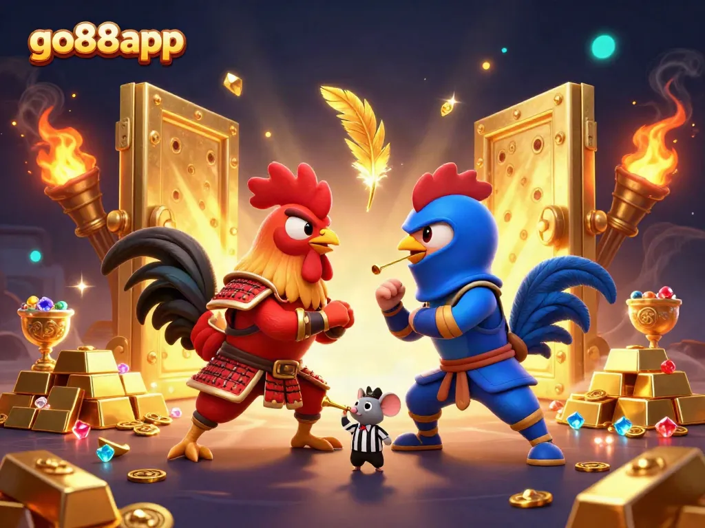 Experience the excitement of go88app with battling roosters in a vibrant casino scene.