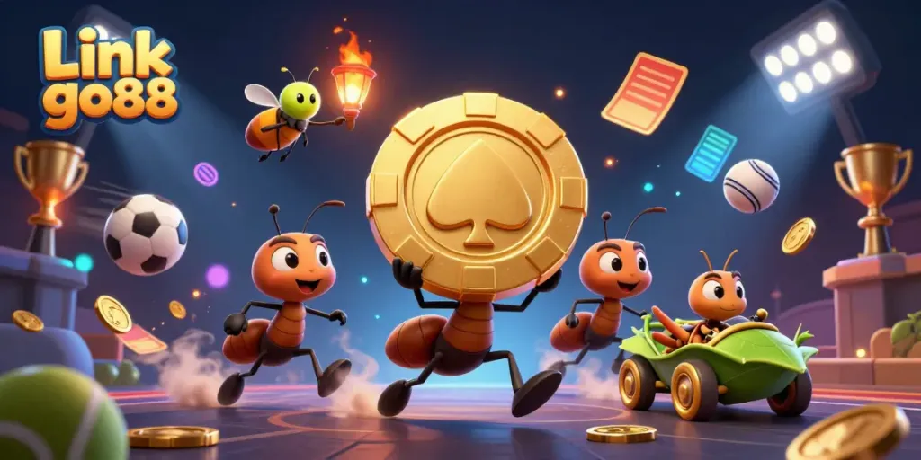 Engage with Link go88 as cartoon ants carry a giant poker chip, showcasing gambling excitement.