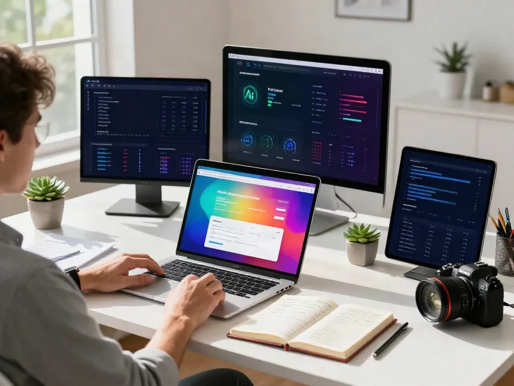 Free AI visibility checker dashboard on computer screen in bright office.