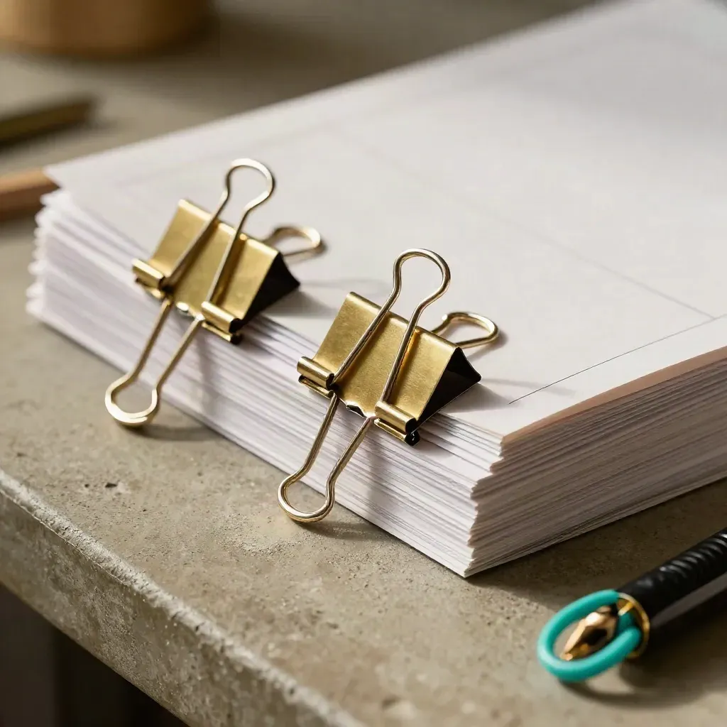 Macro van brass clips, mappen en turquoise kabelwikkel op een khaki werkbank.