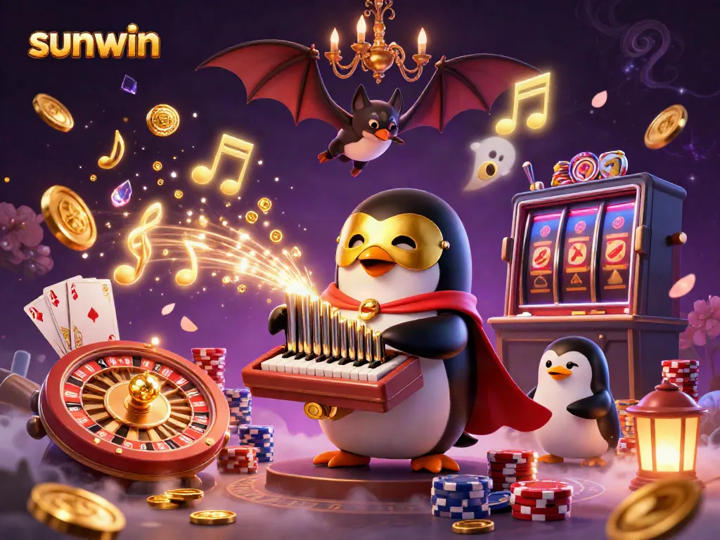 Experience the thrill of gaming with sunwin as the phantom penguin plays and coins cascade around him.