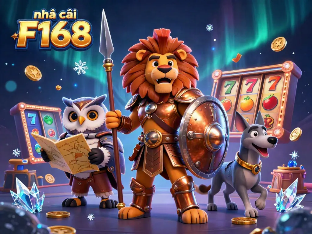 Experience thrilling gameplay with Nhà cái F168, showcasing a dynamic casino scene filled with vibrant slot reels and heroic figures.