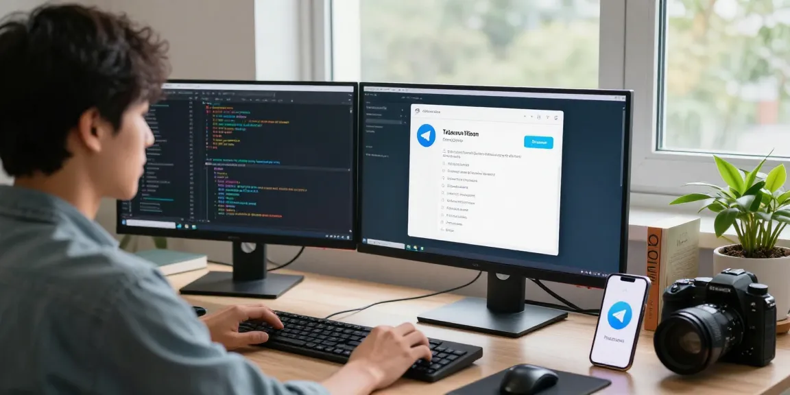 Configuring Telegram Chinese Version in a modern workspace with screens showing app settings.