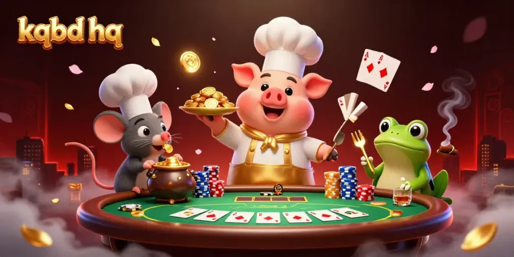 Experience thrilling moments at KQBD HQ with dynamic cartoon characters serving gold coins in a vibrant gambling scene.