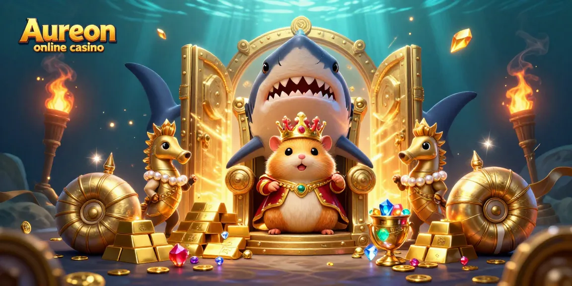 Aureon online casino showcases a fierce hamster king on a megalodon throne surrounded by treasure and game elements.
