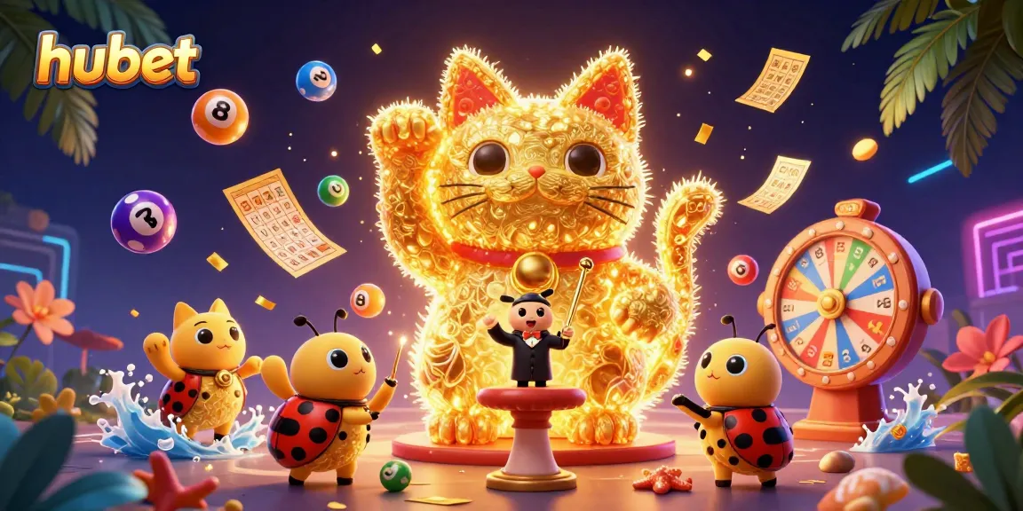 Experience the excitement of hubet with a vibrant 3D illustration featuring a lucky cat surrounded by casino symbols.