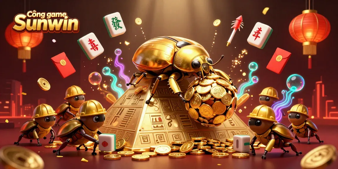Cổng game Sunwin offers an exciting experience with a massive golden dung beetle scene, enriched with casino elements.